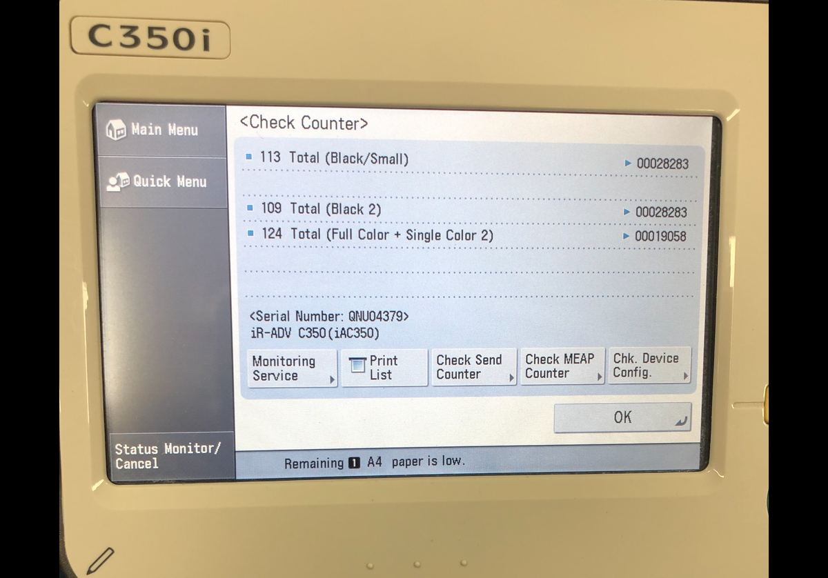 Canon Imagerunner advance c350i Zero Meter Reset