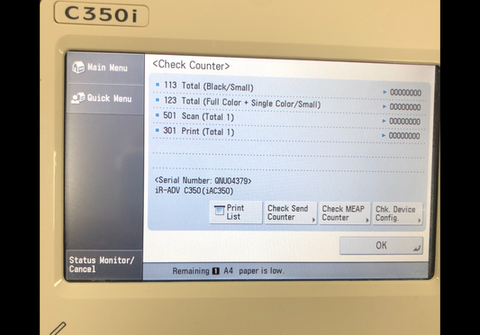 Canon Imagerunner advance c350i Zero Meter Reset