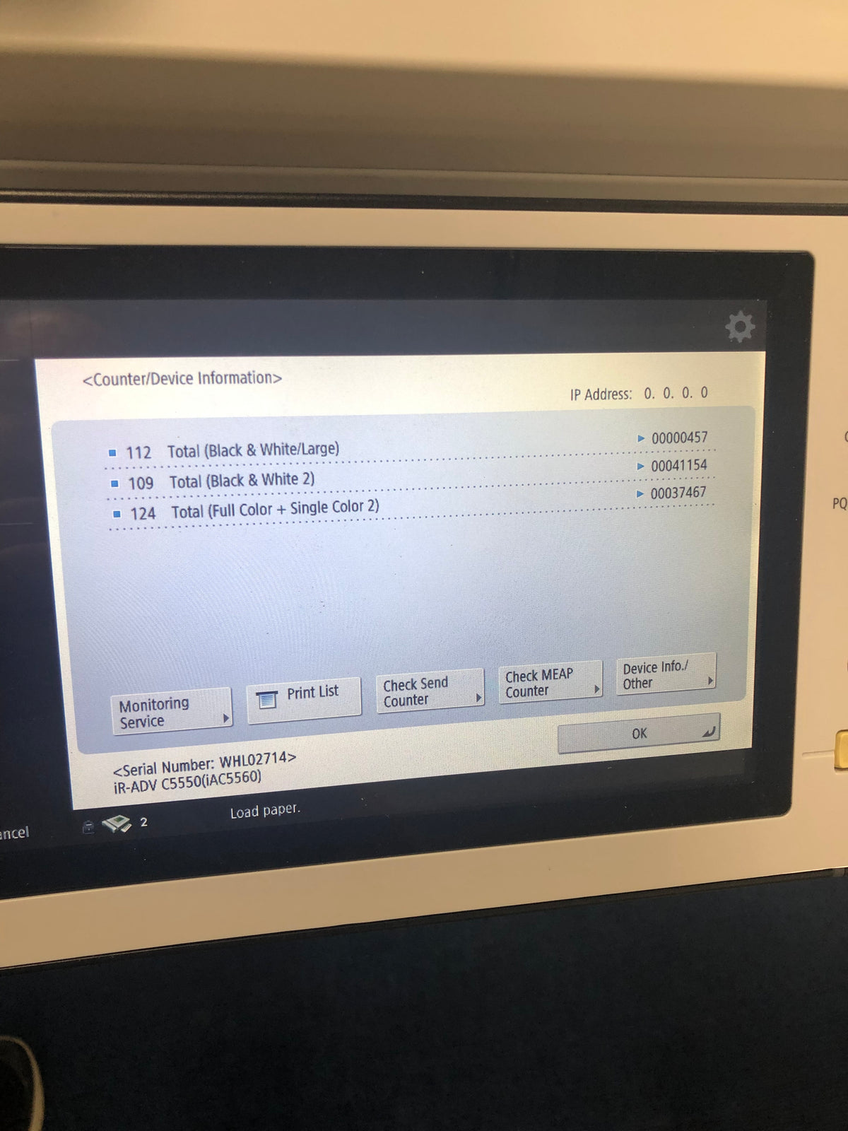 Canon Imagerunner Advance C5550i Meter Reset