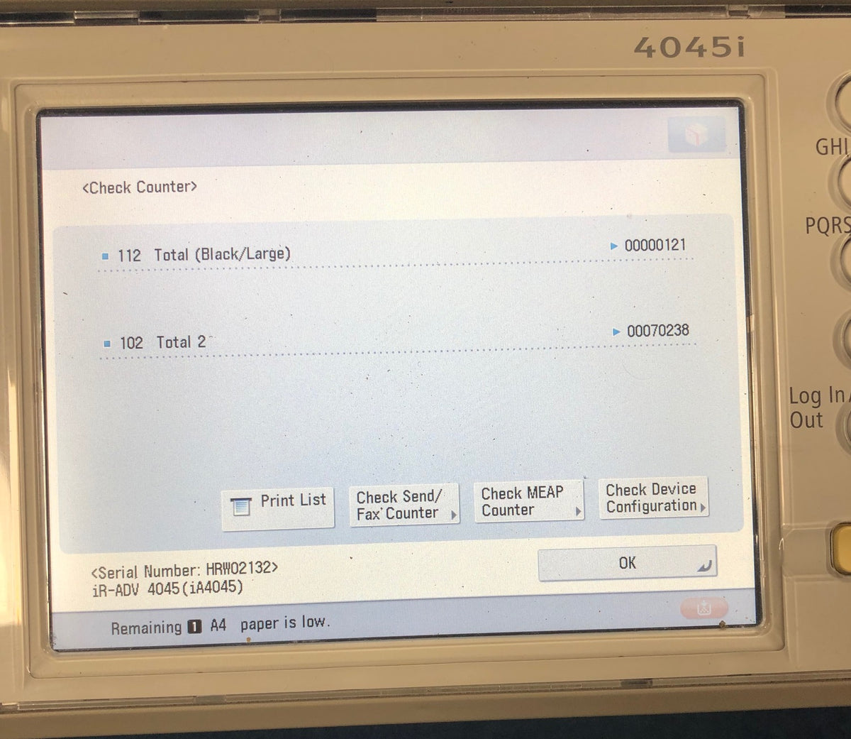 Canon Imagerunner advance 4235i Zero Meter Reset