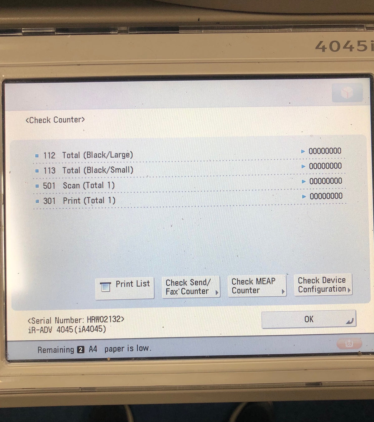 Canon Imagerunner advance 4235i Zero Meter Reset
